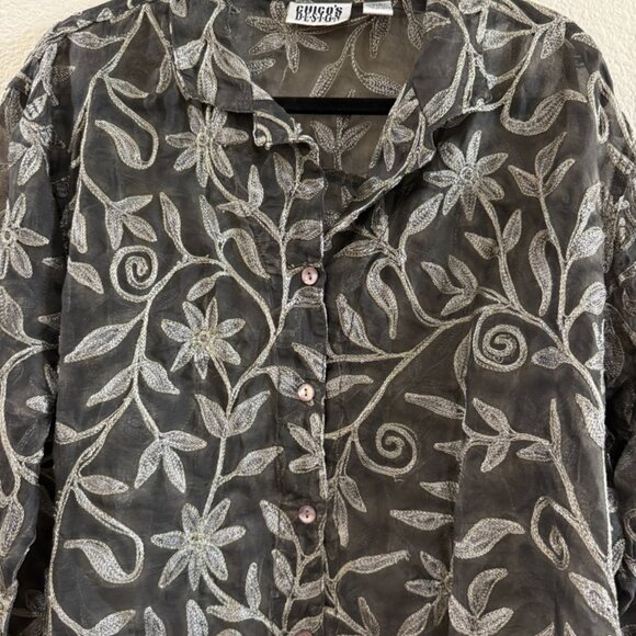 Chico's Design size 2 silk embroidery gold and black sheer button down - Picture 4 of 6